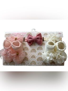 Baby Girls Pink and Cream Flower Booties & Bow Headband Set